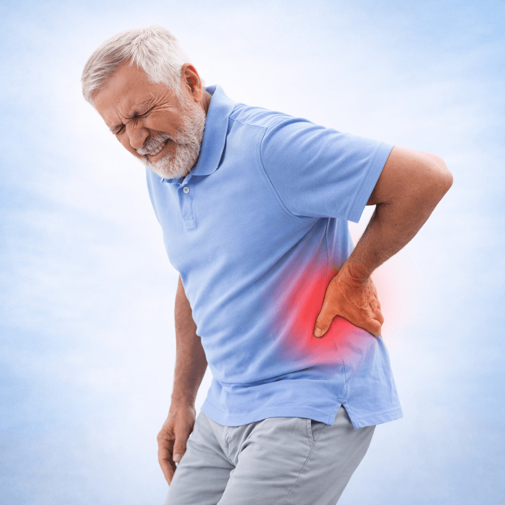 Senior man with his hand on an aching back